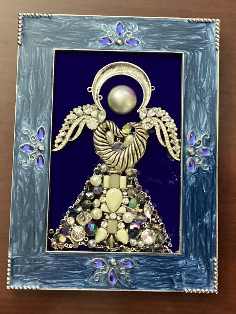 Hand Crafted jewelry art angel in blue velvet rhinestone wings vintage earrings